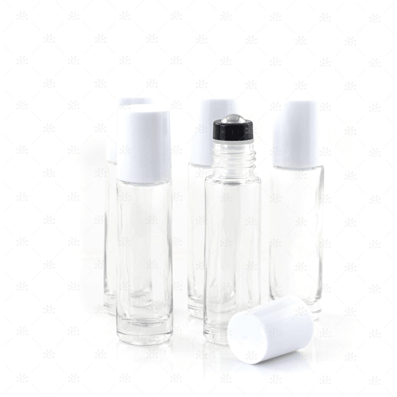 10Ml Clear Glass Roller Bottle With Snow (White) Lid & Premium Stainless Steel Rollerball - 5 Pack