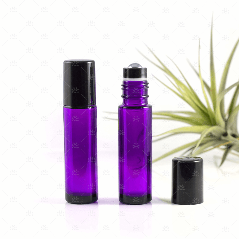 10Ml Purple Glass Roller Bottle With Black Lid & Premium Stainless Steel Rollerball - 5 Pack (New