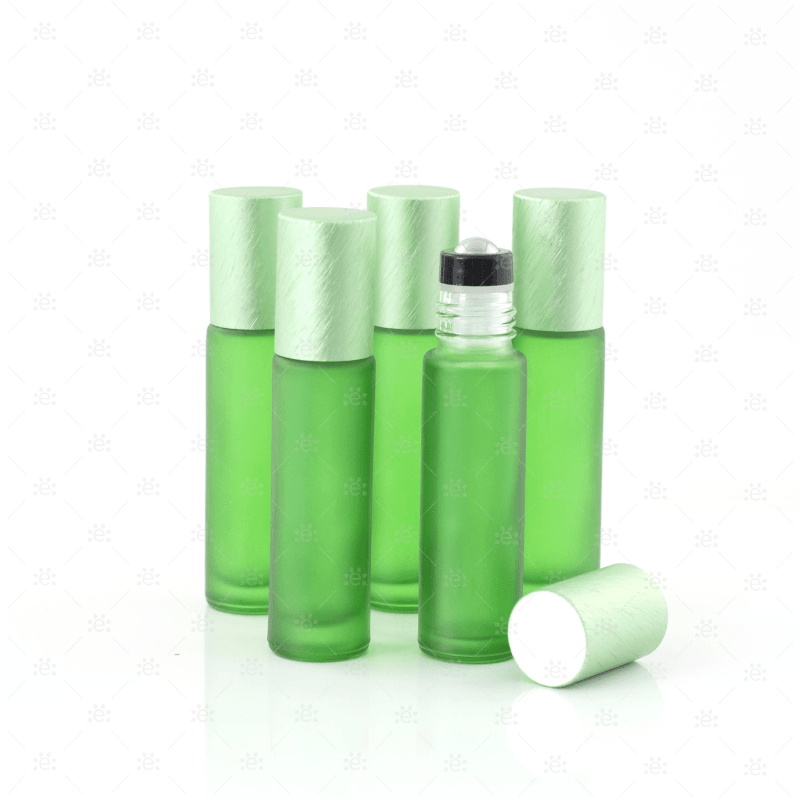 Deluxe Frosted 10Ml Green Roller Bottles With Metallic Caps & Premium Rollers (5 Pack) Glass Roller